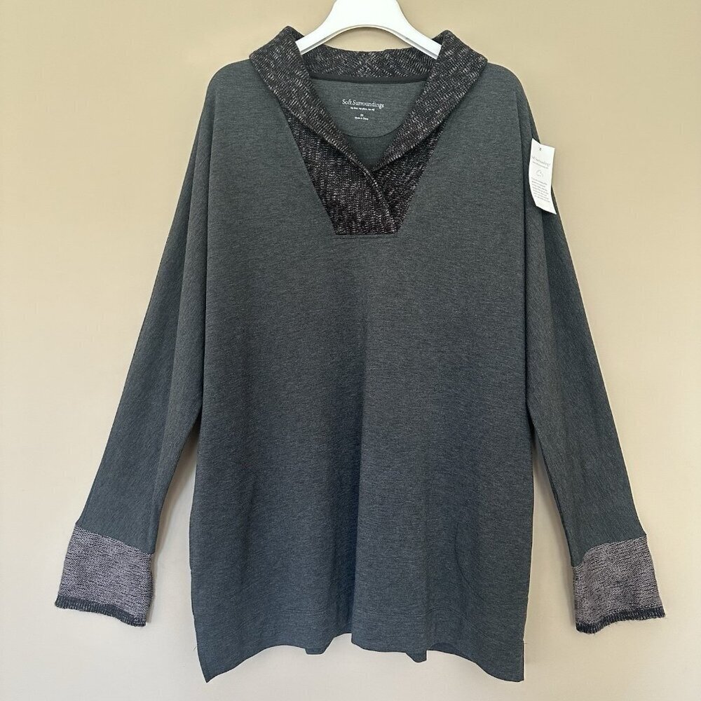 NWT Soft Surroundings Women 2X Long Sleeve Tunic Top Shawl Collar Gray Stretch
